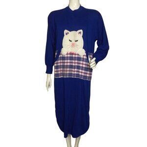Cat Nightgown, M, Blue Sweatshirt, Long, Pocket, Long sleeves, VINTAGE